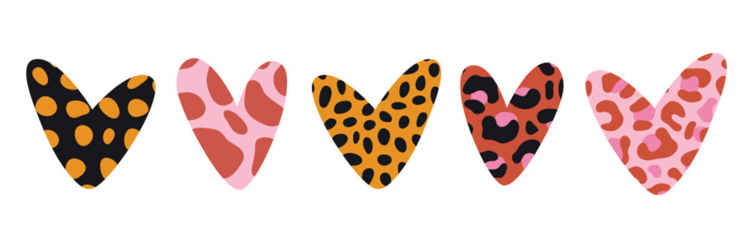 Vector illustration displaying five colorful heart patterns with contrasting leopard print designs. Ideal for Valentine's Day design and creative projects
