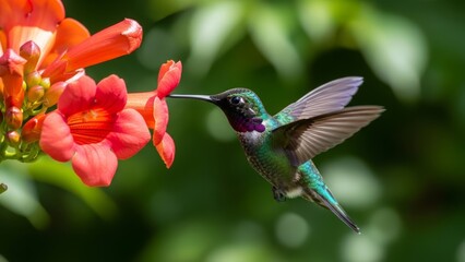 Naklejka premium High-Speed Hummingbird Hovering Near Vibrant Blossom