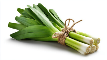 bundle of fresh green onions with white stalks, bound by twine. Vibrant green leaves spread outward, perfect for market displays, cooking, or grocery showcases, conveying freshness and natural produce