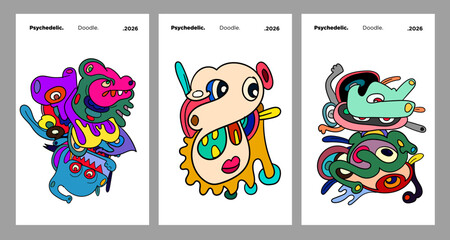 Abstract colorful doodle art design, psychedelic cartoon, pattern seamless background texture vector