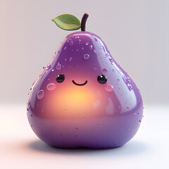  Smiling purple pear fruit with dewdrops and a green leaf on a light background
