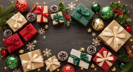 Festive Christmas Gift Arrangement with Holiday Decorations and Greenery in a Circular Pattern