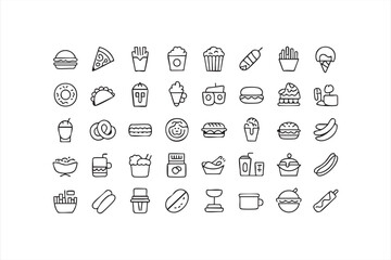 Snack, Burger and Pizza Line Icons for Digital Menus, Food Apps and Restaurant Interfaces