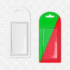 Euro hole rounded top cardboard and clear plastic rectangle blister box. Realistic 3d vector mock-up. Hanging blank transparent package to display product. Easy editable mockup. Template for design