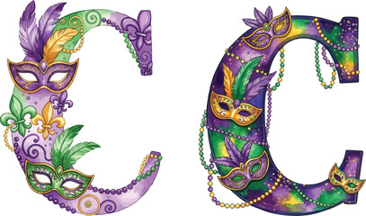 Mardi Gras Letter C Watercolor Alphabetic