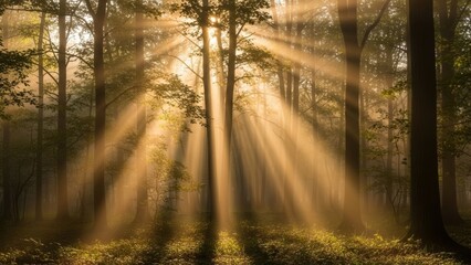 Obraz premium Ethereal Golden Sunlight Piercing Misty Ancient Forest