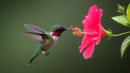Naklejka premium Dynamic Hummingbird Hovering Near Vibrant Flower