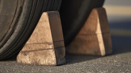Wooden wheel chocks placed securely against a large aircraft tire. mobility guides, transit brochures, designed for mobility and urban transit guides, used by operations managers.