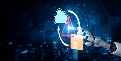 A futuristic robotic hand engages with a digital cloud, showcasing warning symbols and illustrating a data processing cycle in a modern technological environment. Gantry