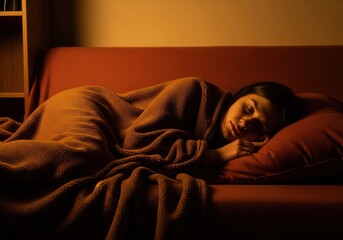 Young Woman Sleeping Peacefully on Sofa Under Cozy Blanket With Warm Amber Lighting