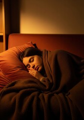 Young Woman Sleeping Peacefully Under A Warm Brown Blanket