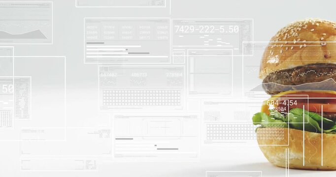 Right bun edge appearing sesame bun burger sliding left stacking layers, panels overlaying for demo