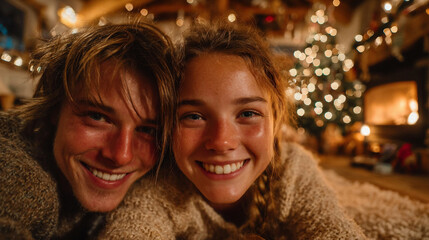 Romantic Couple Relaxing by Christmas Tree and Cozy Fireplace on Soft Rug