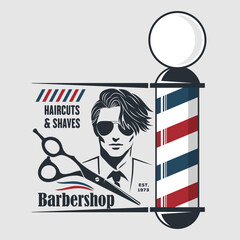 Classic Barbershop Sign with Stylish Male Portrait and Barber Pole Design. Vector illustration