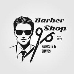 Vintage Barbershop Emblem Featuring Stylish Man and Classic Grooming Tools. Vector illustration