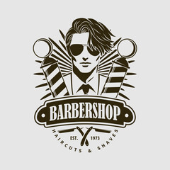 Classic Barbershop Sign with Stylish Male Portrait and Barber Pole Design. Vector illustration
