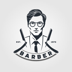 Vintage Barbershop Emblem Featuring Stylish Man and Classic Grooming Tools. Vector illustration
