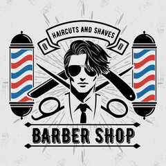Classic Barbershop Sign with Stylish Male Portrait and Barber Pole Design. Vector illustration