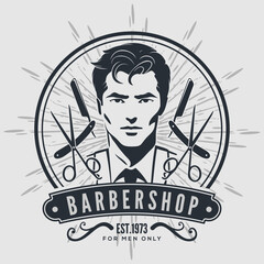 Vintage Barbershop Emblem Featuring Stylish Man and Classic Grooming Tools. Vector illustration