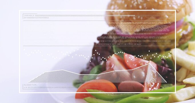 Plate edge appearing, HUD fading, burger sliding center while camera shifting, showcasing menu data