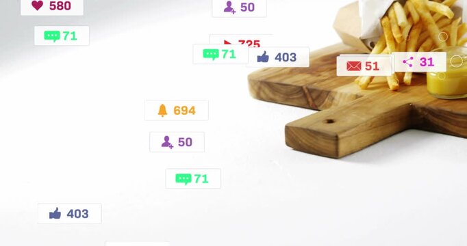 Badges appearing, floating and clustering to burger and fries on board, showing social engagement