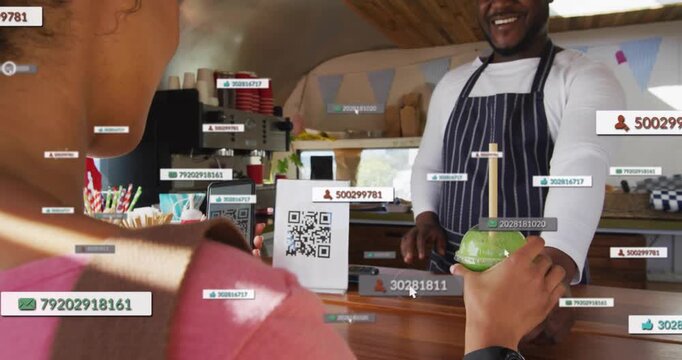 Customer taking green smoothie, scanning QR code for payment in mobile cafe, HUD labels clustering