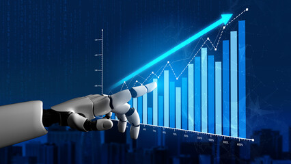 A robotic hand points at a rising graph on a digital backdrop, illustrating the intersection of technology and growth in finance and analytics for modern businesses. Scalp