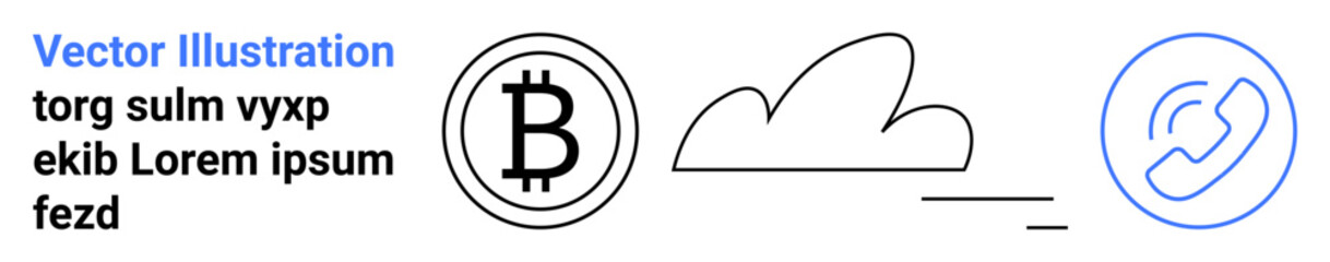 Cryptocurrency, blockchain, cloud storage, network systems, communication tools, financial technology. Bitcoin symbol, cloud shape phone icon. Cryptocurrency and blockchain-focused design