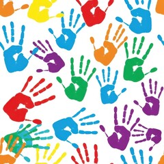 Colorful handprints pattern on white background
