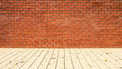 Red-Brown Brick Wall Texture with Foreground Light Wooden Floor Planks