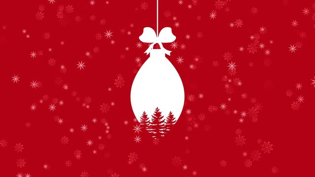 Minimalist Red And White Christmas Background With Hanging Ornament And Falling Snow. Suitable For Social Media Stories And Holiday Greeting Cards.