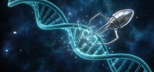 Futuristic Nanobot Repairing DNA Strand, Gene Therapy, Precision Medicine. Advanced Microscopic Medical Nanorobot Performing Genetic Surgery on Double Helix Structure. Biotechnology, CRISPR Research