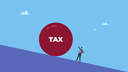 Obraz premium Big heavy tax ball rolling down hill to depressed and panic businessman worker. Tax payment deadline mistake or no financial planning for tax exempt investment.
