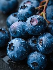 Freshly harvested blueberries with water drops, blue fruit wallpaper for phone.