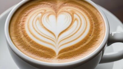 Close-up of a cup of coffee with intricate heart-shaped latte art design