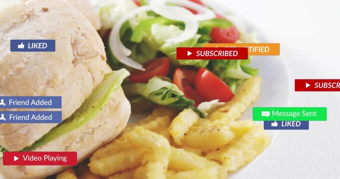 UI badges popping, stacking over sandwich, cursor clicking, badges sliding away revealing food