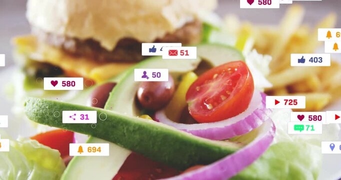 Plated burger gaining floating badges on camera focus, counts rising, badges fading, showing buzz