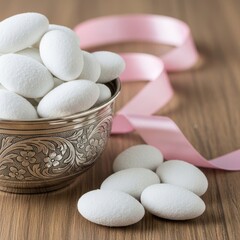 Elegant silver bowl filled with white jordan almonds and pink ribbon