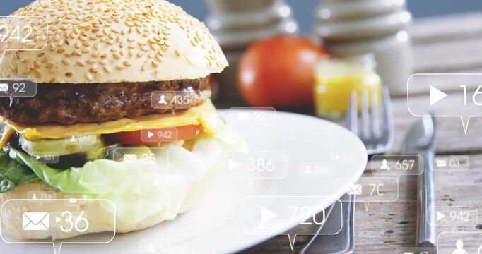 Sesame-seed burger left on plate, bubbles popping at frame-two, camera sliding right tracking likes