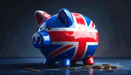 Union Jack piggy bank with scattered coins on wooden surface in softly lit domestic setting.
