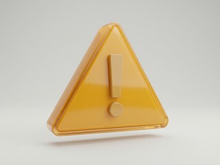3D rendered, glossy amber-yellow triangular alert or warning icon with a centered neutral exclamation mark floating on a clean white background.