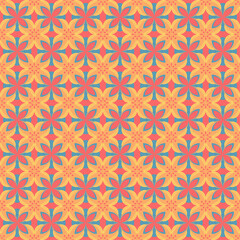Fototapeta premium Colorful Retro Floral Geometric Seamless Pattern in Warm Tones. Abstract Decorative Vector Design for Backgrounds