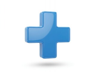3D rendered, glossy blue medical plus symbol or addition sign hovering and centered over a pure white background with a subtle shadow.