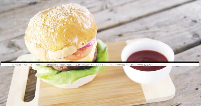 Glitch overlay moving across hamburger and sauce bowl, shifting crop and revealing more board