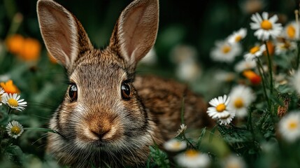 Fototapeta premium Brown rabbit in lush green meadow with tiny white daisies