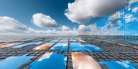 Vast expanse of reflective glass panels stretches towards mirrored building under bright blue sky with fluffy clouds, creating surreal and futuristic landscape