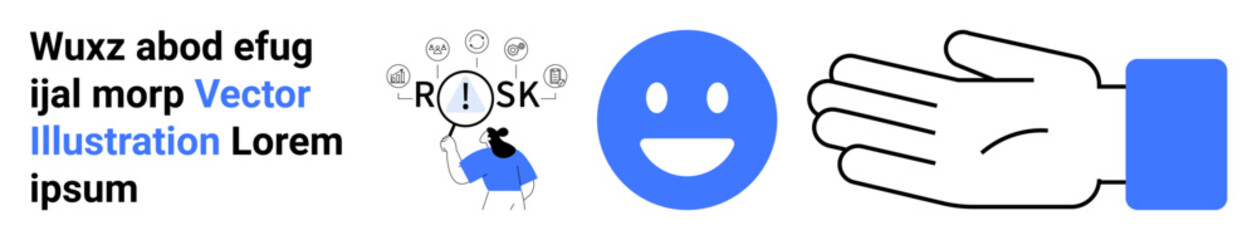 Business strategy, risk analysis, safety measures, emotion , decision-making, and teamwork. Human with risk cloud, blue happy face and open hand icon. Risk analysis and safety measures