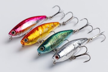 Close-up shot of colorful fishing lures with metallic bodies isolated on a white background