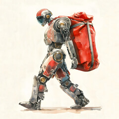 Watercolor illustration of futuristic robot carrying large red gift sack, isolated on white background, Christmas delivery concept