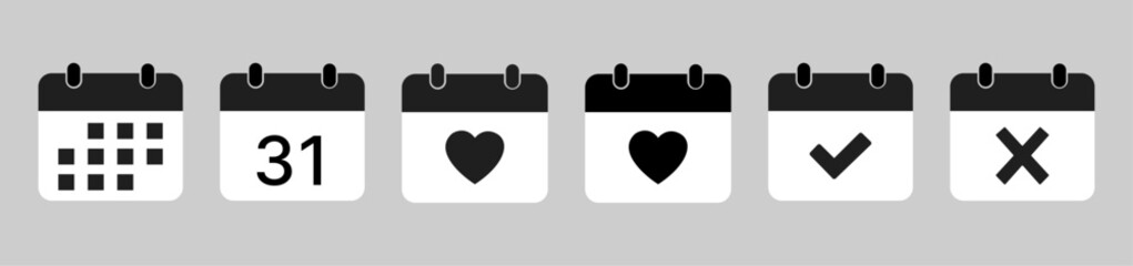 Minimal Black and White Calendar Icons Set &ndash; Date, Heart, Checkmark and Cross Symbols